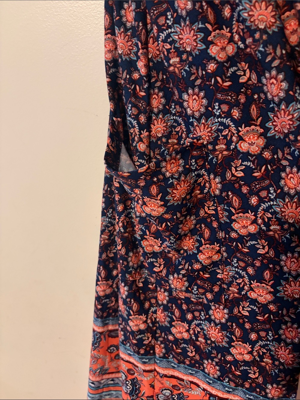 Sleeveless Navy Midi Dress with Coral Floral Border & Pockets - Small - Picture 4 of 7